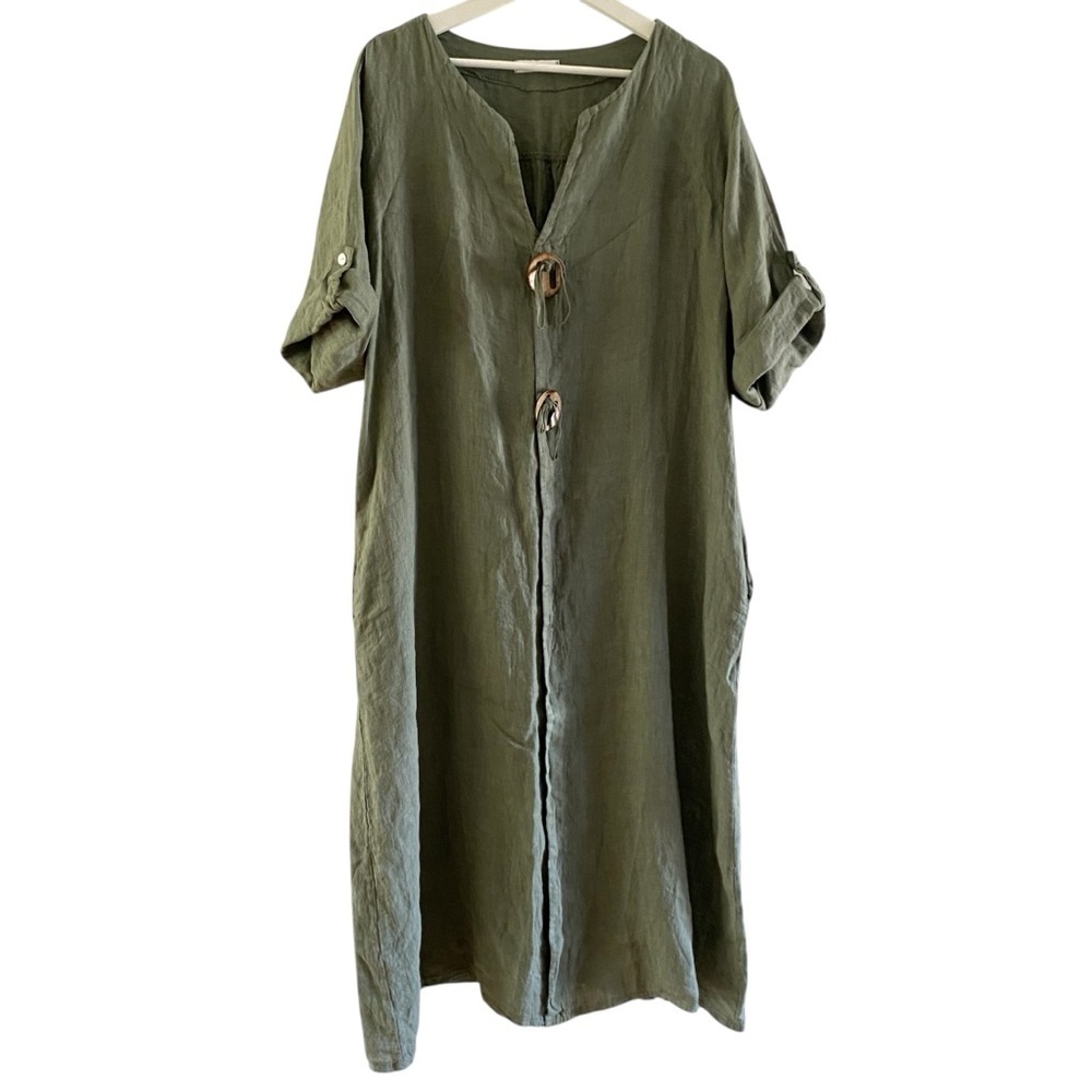 Green Linen 3/4 Sleeve Pintuck Buttons Midi Dress Women’s One Size